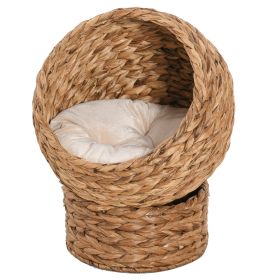 20" Elevated Cat Bed, Natural Braided Banana Leaf Basket with Cushion, Brown