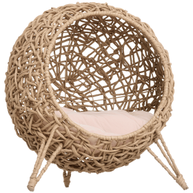 20.5 Weaved Cat Bed Hand-Woven Braided Banana Leaf Kitten House Condo with Cushion Natural